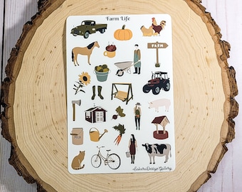 May include: A sheet of colorful farm-themed stickers with images of a truck, a pumpkin, a rooster, a horse, a sunflower, a milk jug, a cat, a bicycle, a cow, a pig, a well, a farmer, a tractor, a wheelbarrow, a house, a watering can, a carrot, a red beet, a swing, a pair of boots, an axe, and a sign that says "Farm". The text "Farm Life" is at the top of the sheet and the text "Sakura Design Gallery" is at the bottom.