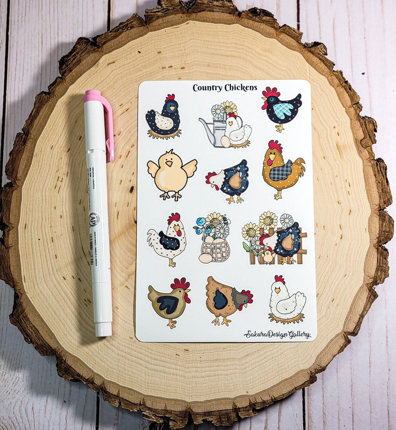 Country Chicken Sticker Sheet, Chicken Stickers, Rooster and Hens ...