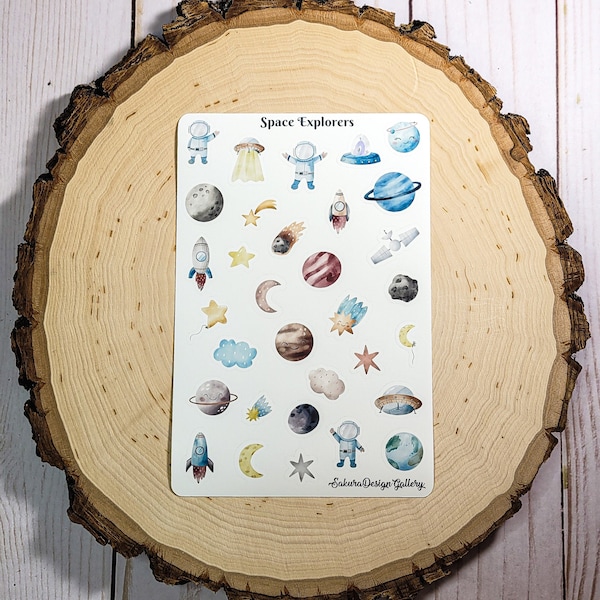 Space Explorers Sticker Sheet, Outer space Stickers, Astronaut Stickers, Planets, Journal Stickers, Scrapbook Stickers, Planner Stickers