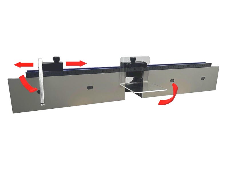 May include: A silver-colored woodworking tool with a clear plastic guide and black adjustment knobs. The tool has a ruler with measurements and is designed for precise cutting and alignment. Red arrows indicate adjustable parts.