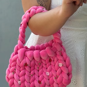 Hot Pink Chunky Knit Bag with Roses