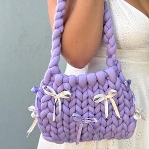 Lavender Hand-Knitted Chunky Yarn Purse with Bows