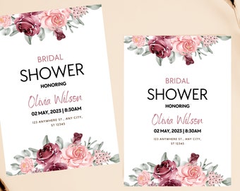 Pink Watercolor Floral Bridal Shower Invitation, Elegant Wedding Invitation, Customizable Card, Flower Theme, Spring Party Invite.