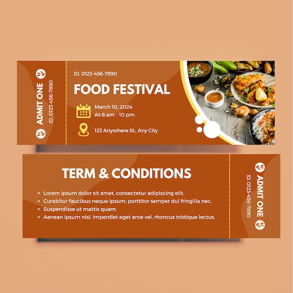 Orange Minimalist Food Festival Ticket, Simple Event Entry Pass, Foodie Event Pass, Admission Pass, Food Lover Gift, Culinary Event Access.