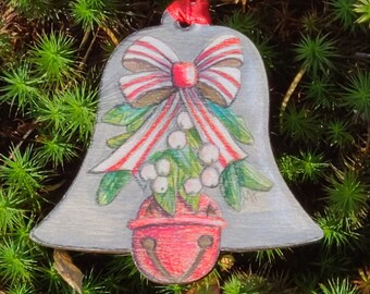 Mistletoe Bell ornament, HAND-DRAWN, Baby's first Christmas, retro art, jingle bell, mistletoe kiss, sweetheart, holly, pastel Christmas.