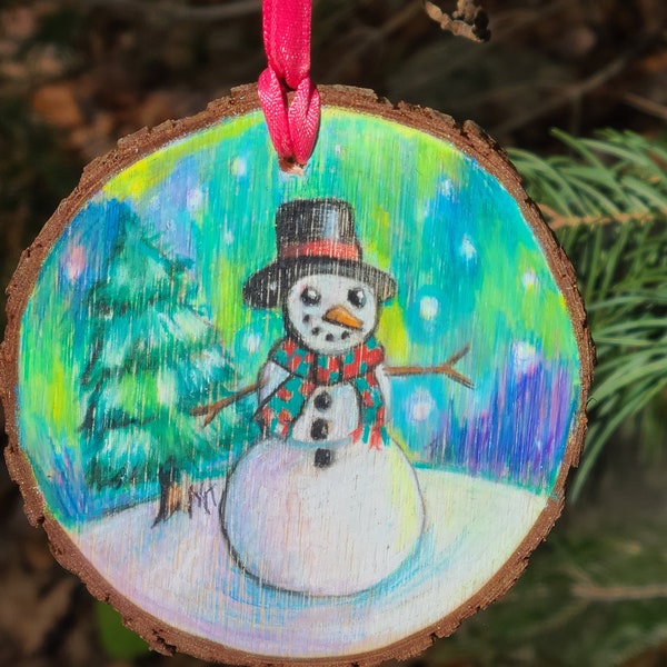 Northern Lights Snowman Keepsake ornament, HAND-DRAWN, Frosty the snowman, personalized, Christmas, aurora borealis, child gift, magical