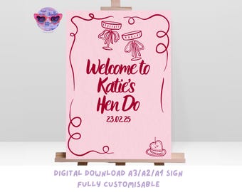 Puede incluir: Señal imprimible rosa con borde rojo y texto que dice "Bienvenido a Katie's Hen Do 23.02.25". La señal tiene un borde decorativo y dos ilustraciones de copas de vino.