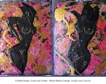 Original Mixed Media Collage Art, Acrylic Paint and Medium on Canvas, Confetti Nudes, Set of Two Paintings by Deborah Marsh