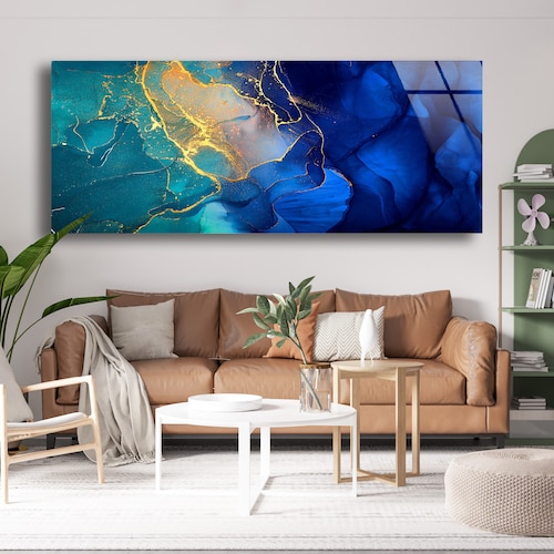 Blue Abstract Marble Themed Tempered Glass Printing Wall Art Etsy