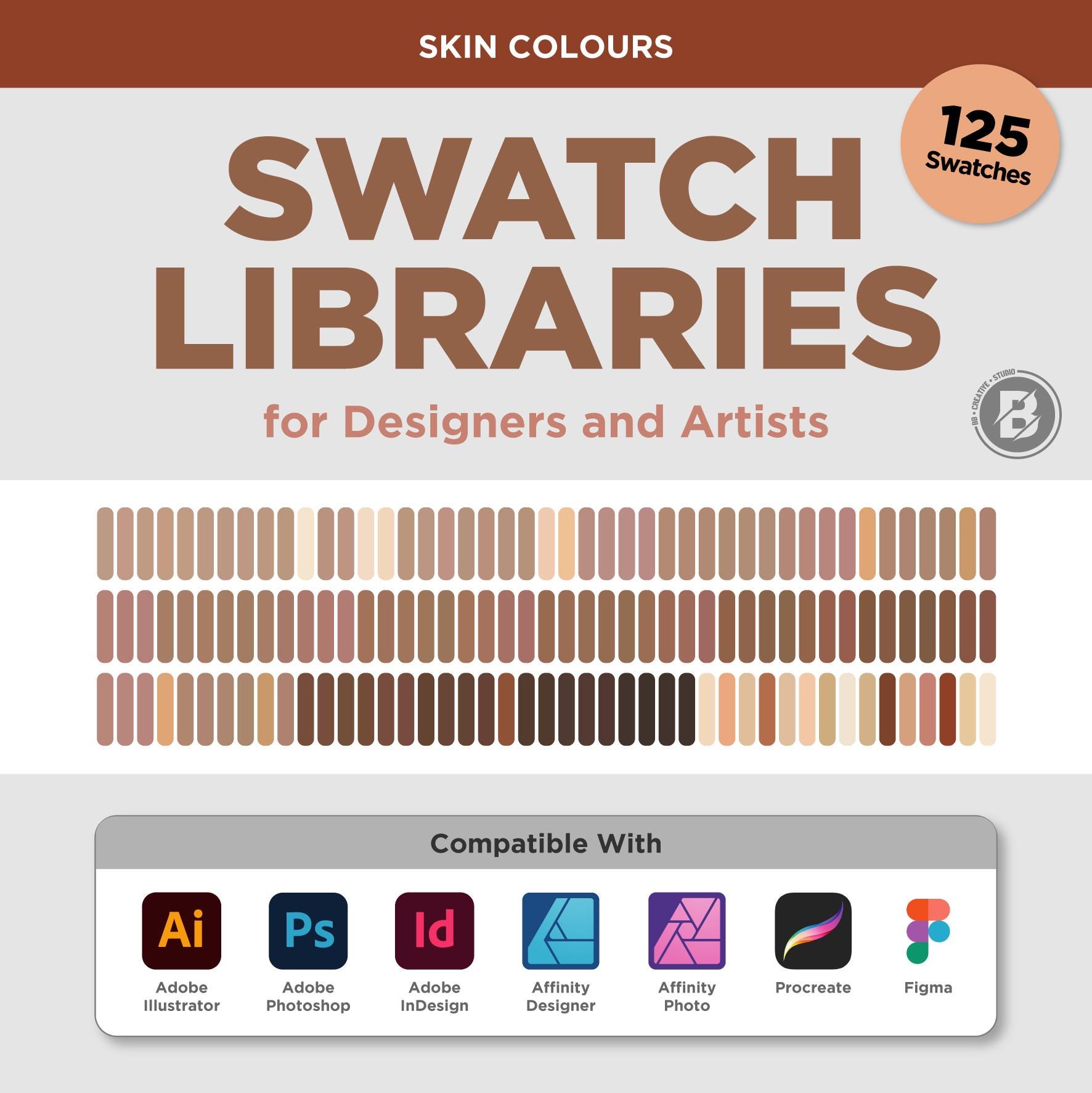 Paleta de tonos de piel: bibliotecas de muestras para Illustrator, Photoshop, InDesign, Affinity, Procreate y Figma