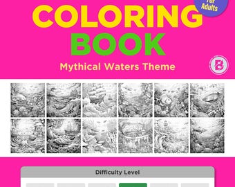 May include: A coloring book with a pink background and the words "COLORING BOOK" in large yellow and green letters. The book features a "Mythical Waters Theme" with detailed grayscale illustrations. The difficulty level is marked as "Medium".