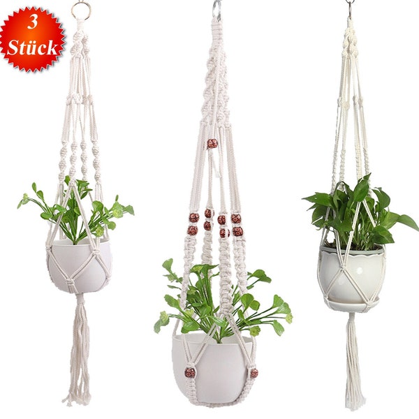 3x Makramee Blumenampel Innen Außen BOHO Garten Blumentopf Macrame Vintage Deco Blumen Ampel Balkon Wanddeko Pflanzenhänger Pflanzenampel