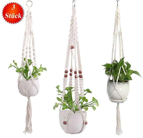 3x Makramee Blumenampel Innen Außen BOHO Garten Blumentopf Macrame Vintage Deco Blumen Ampel Balkon Wanddeko Pflanzenhänger Pflanzenampel