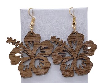 Hawaiian Polynesian Hibiscus Flower Wood Earring