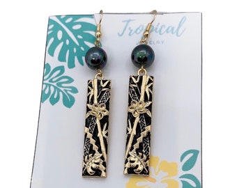 Hawaii Bar with Bamboo, Monstera Leaf, Plumeria Black Background with Shell Pearls Hamilton Gold  Earring or Necklace