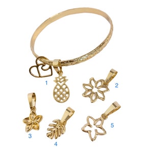 5mm Hamilton Gold Hawaii Tropical Flower and Wave Scroll Design Bangle with Heart Wave Charm Add on Charms Pineapple Tiare Plumeria Monstera