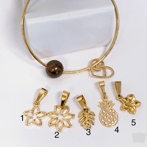 May include: Gold bracelet with a brown bead and five charms: a heart, a flower, a flower, a leaf, and a pineapple. The charms are numbered 1 through 5.