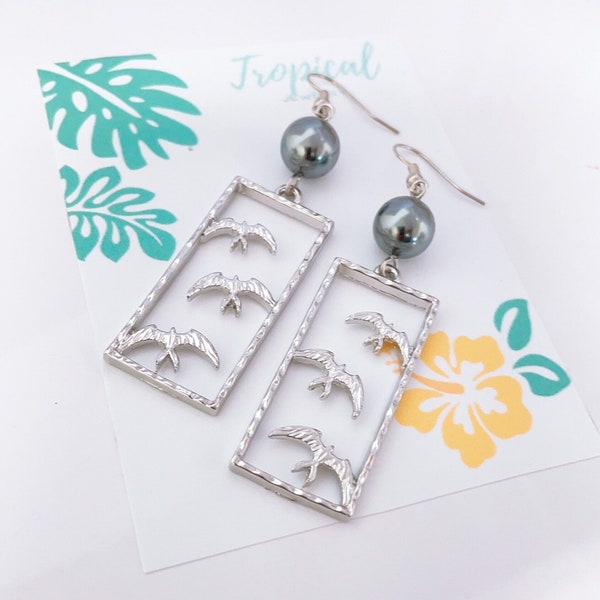 Hawaii Iwa Bird Design with Shell Pearls Hamilton Silver Earring or Necklace