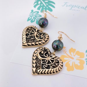 Heart with Tribal Hawaiian Polynesian Design with Shell Pearls Hamilton Gold  Earring or Necklace