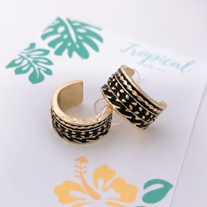 Tribal Design Half Hoop / C Hoop Hamilton Gold Earrings, Tropical Jewelry, Hawaiian Island Style Jewelry