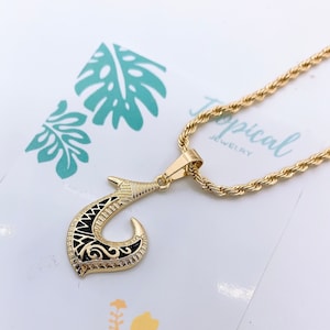 Hawaiian Fishhook Black Enamel Tribal Design with Rope Chain Necklace