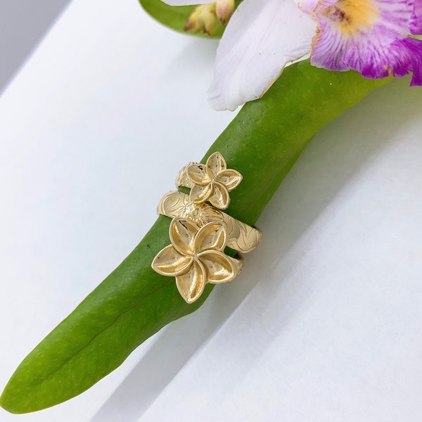 Hamilton Gold Double Plumeria Flower Wrap Around Ring Hawaiian Island Style Jewelry