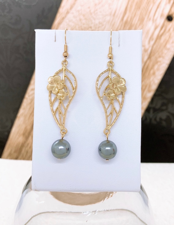 Hawaiian Plumeria Flower Leaf Shape with Shell Pearls Hamilton Gold Earring or Necklace