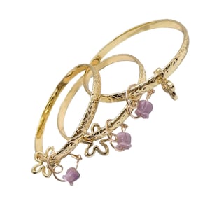 5mm Hamilton Gold Hawaii Tropical Flower and Wave Scroll Design Bangle with Flower Charm  and crown Flower