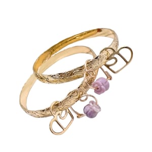 7mm  Hamilton Gold Hawaii Tropical Flower and Wave Scroll Design Bangle with Heart Wave Charm  and crown Flower
