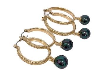 Hawaiian Flower Pattern Peacock Black Shell Pearls Hamilton Gold Hoop Earring