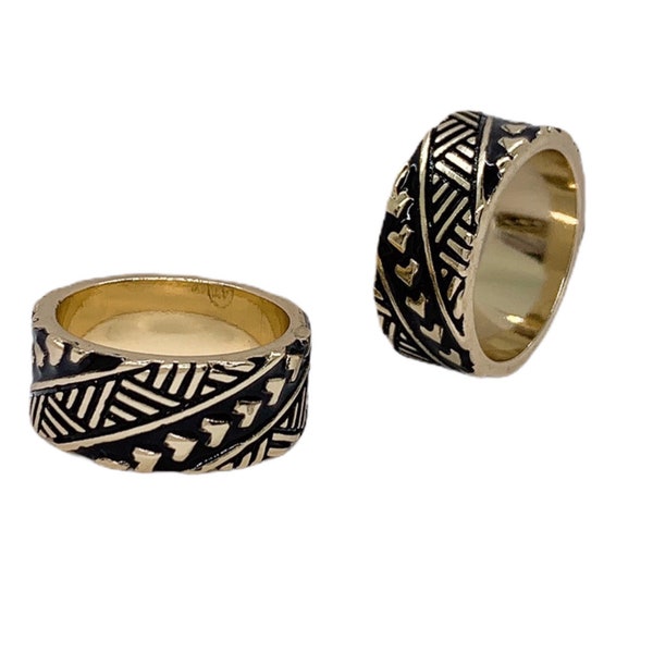 Tribal Weave Black Enamel Hamilton Gold Band Ring Hawaiian / Polynesian Island Style Jewelry