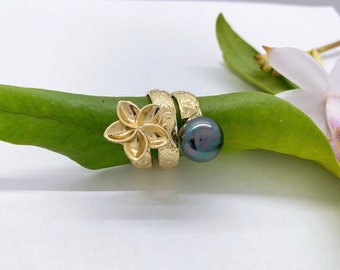 Hamilton Gold Plumeria Flower Wrap Around Ring with Shell Pearl Hawaiian Island Style Jewelry