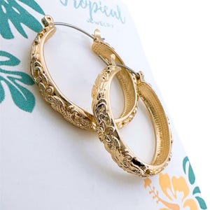 Hawaiian Plumeria 3D Flower Hoop Hamilton Gold Earrings, Tropical Jewelry, Hawaiian Island Style Jewelry