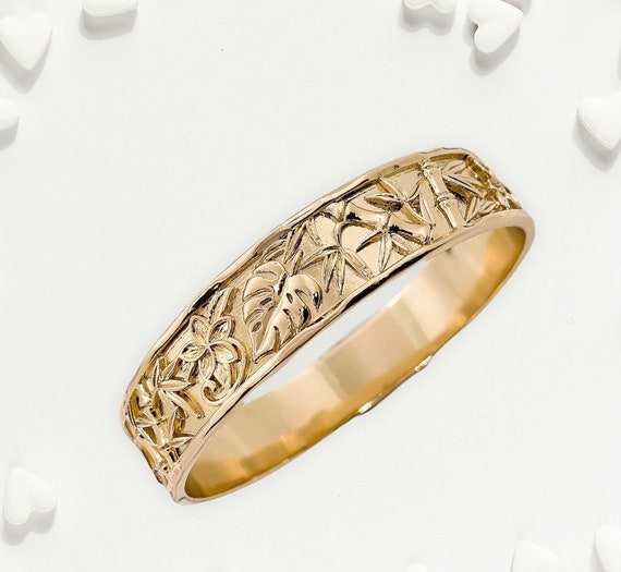 15mm 3D Bangle Hawaii Hamilton Gold Bamboo Plumeria Flower Monstera Leaf Scroll Design