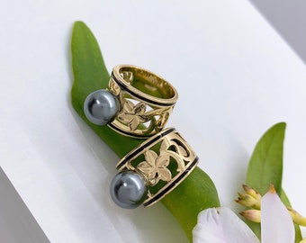 Hamilton Gold Plumeria Flower 15mm Wide Ring with Shell Pearl Polynesian Hawaiian Island Style Jewelry