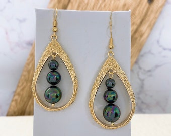 Hawaiian Hamilton Three Pearl Teardrop with Peacock Shell Pearls Hamilton Gold Earring or Necklace