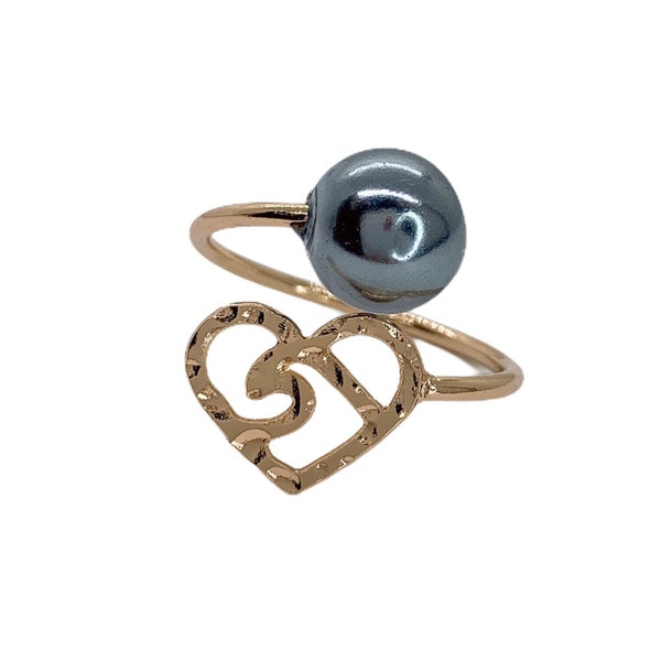 Heart Wave Black Gray Shell Pearl Ring Hawaii Ring/ Hamilton Gold Ring/ Wrap Ring/ Statement Ring/ Adjustable Ring