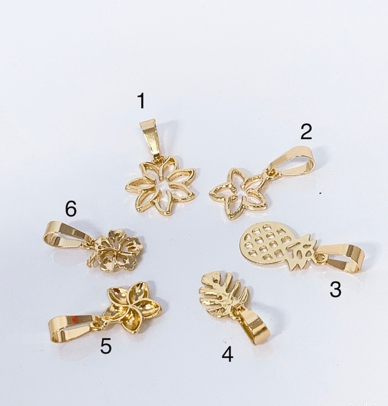 May include: Six gold-toned metal charms with different designs, including a pineapple, a flower, and a leaf. The charms are numbered 1 through 6.
