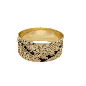 25mm Hawaii Hamilton Gold Plumeria Flower Black Enamel Wave Tribal Scroll Design Bangle