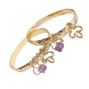 7mm  Hamilton Gold Hawaii Tropical Flower and Wave Scroll Design Bangle with Flower Charm  and crown Flower