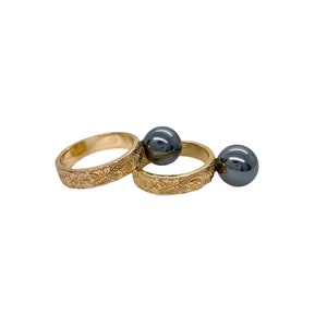 Hawaii Hamilton Gold Black Gray Shell Pearl Flower Scroll Design Band Ring