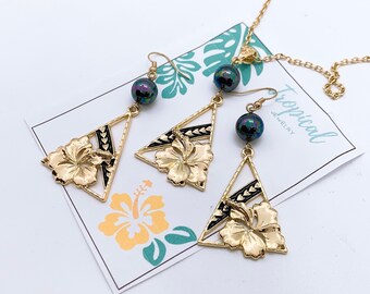 Triangle with Hibiscus Tribal Design with Shell Pearls Hamilton Gold Earring or Necklace