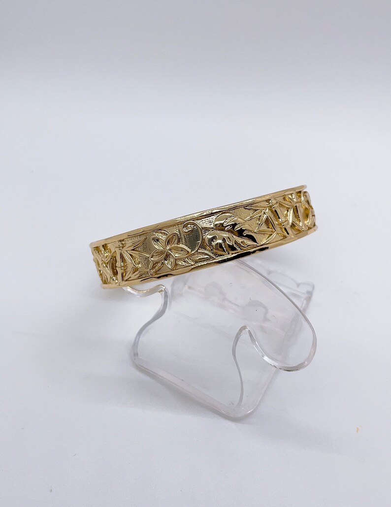 15mm 3D Bangle Hawaii Hamilton Gold Bamboo Plumeria Flower Monstera Leaf Scroll Design bild 5