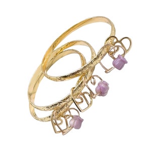 5mm Hamilton Gold Hawaii Tropical Flower and Wave Scroll Design Bangle with heart Charm  and crown Flower