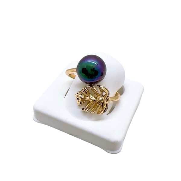 Monstera Leaf Peacock Shell Pearl Ring Hawaii Ring/ Hamilton Gold Ring/ Wrap Ring/ Statement Ring/ Adjustable Ring