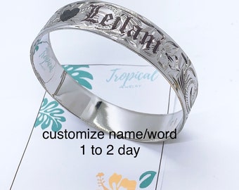 Customize Name Bangle 15mm Hawaii Hamilton Silver Color Flower Scroll Design