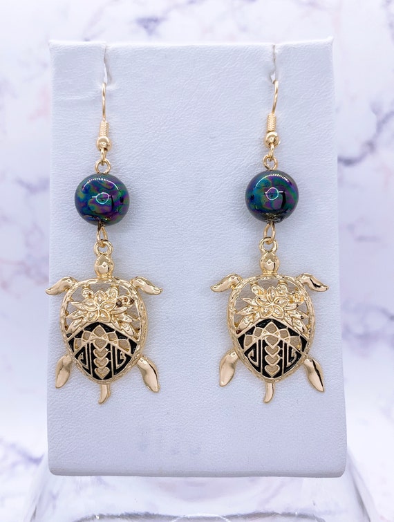 Hawaiian Black Enamel Honu (Sea Turtle) Tribal Plumeria Flower with Shell Pearls Hamilton Gold Earring or Necklace