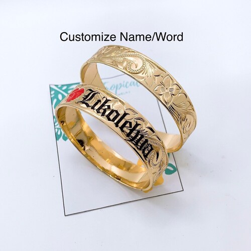 Customize Name Bangle 15mm Hawaii Hamilton Gold Flower Scroll Design