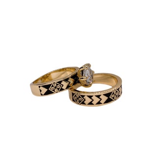Polynesian / Hawaii Tribal Black Enamel Hamilton Ring with Cubic Zirconia Stackable Band Ring Sets