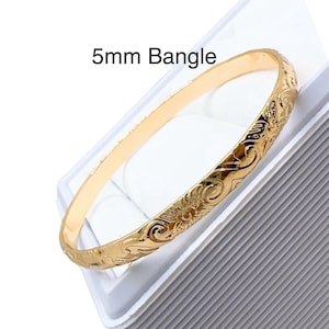 5mm Hamilton Gold Hawaii Tropical Flower and Wave Scroll Design Bangle